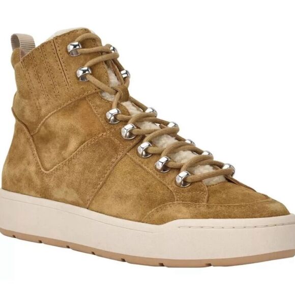 Marc Fisher High Top Sneaker Size 8.5 Fur Lined Tan Suede Lace Up Winter Booties - Picture 1 of 12